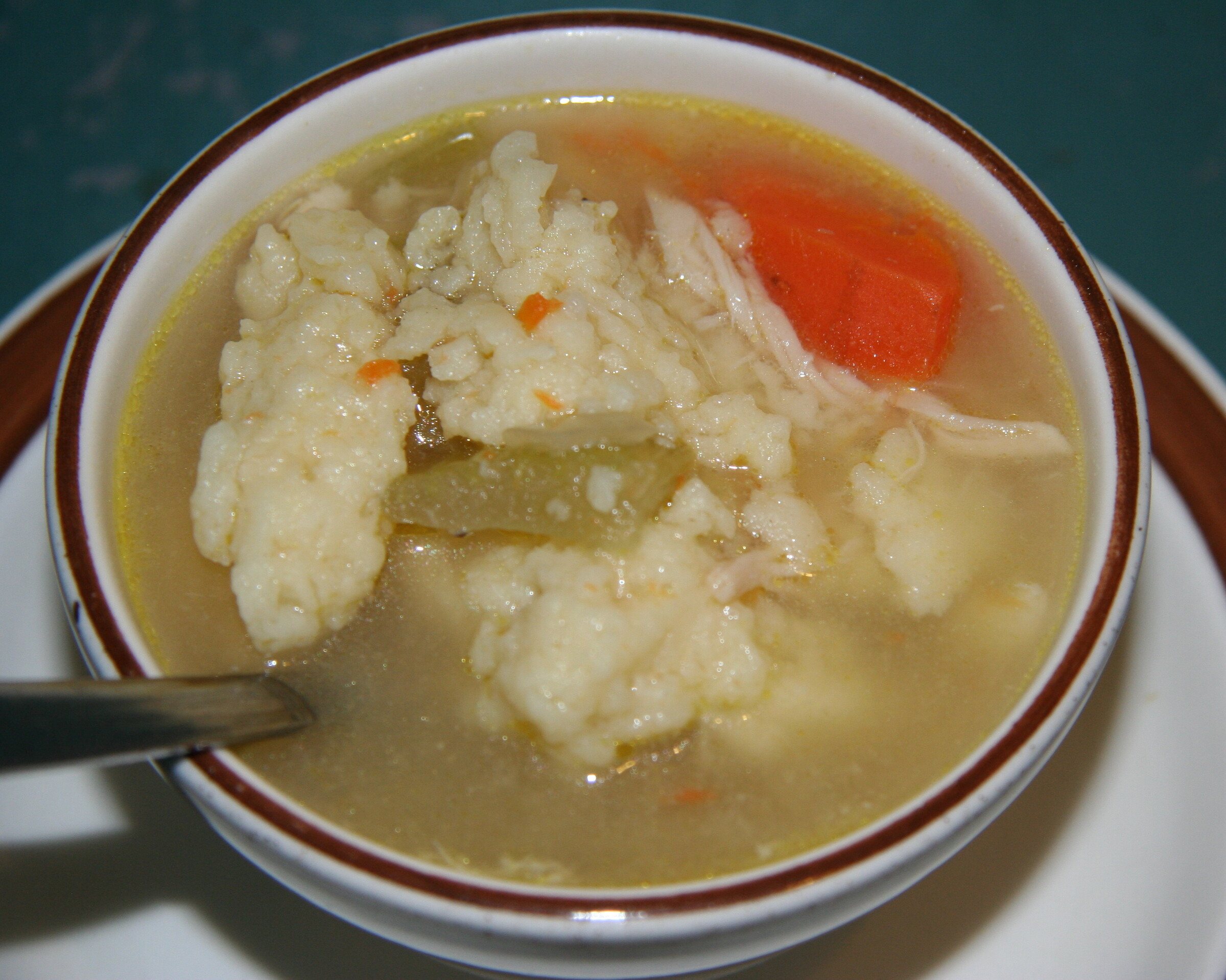 A bowl of chicken and dumplings with carrot and celery in a light broth